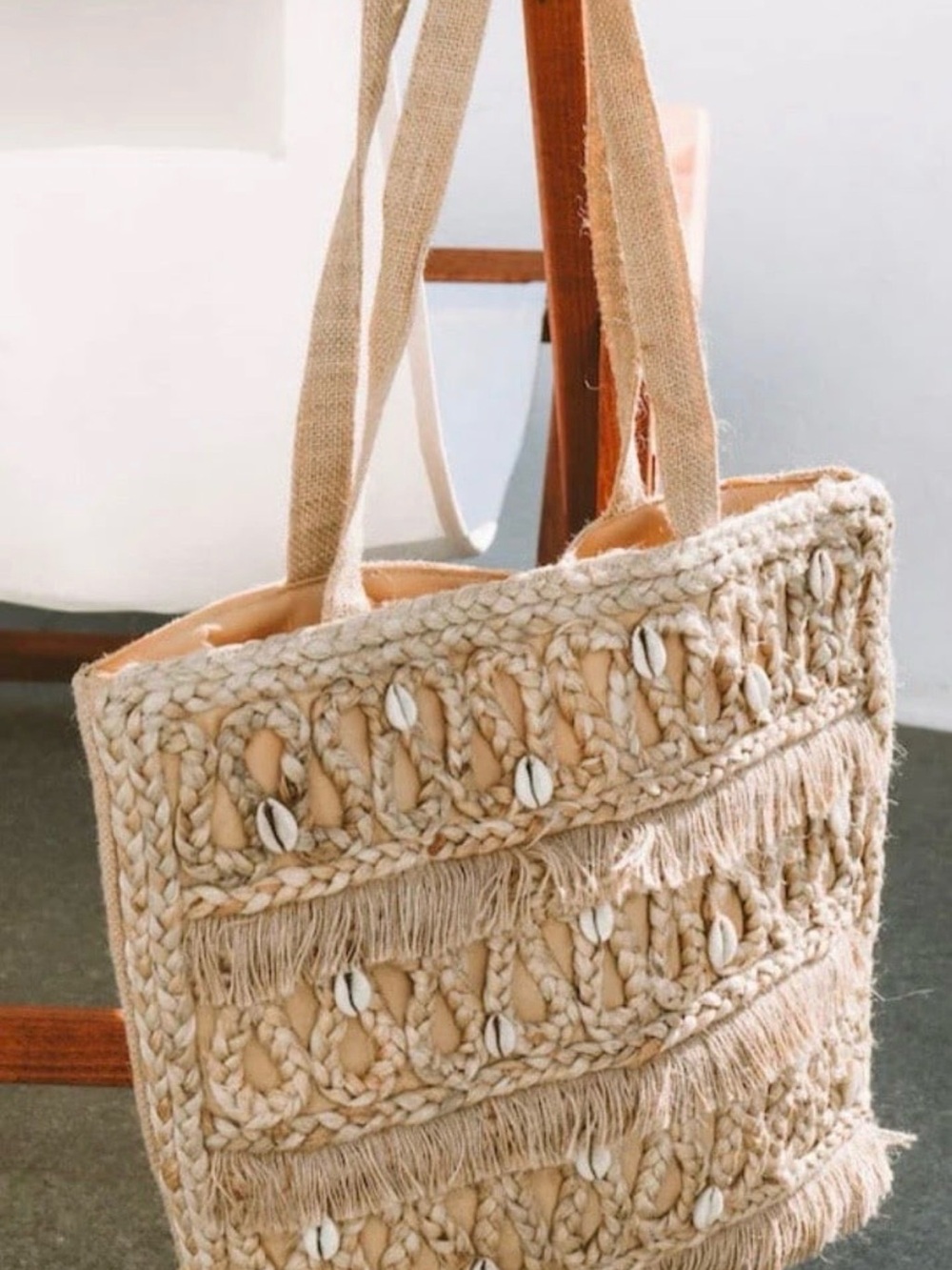 Neutral Crochet Shell Tote Bag in Beige - Casual Shoulder Tote